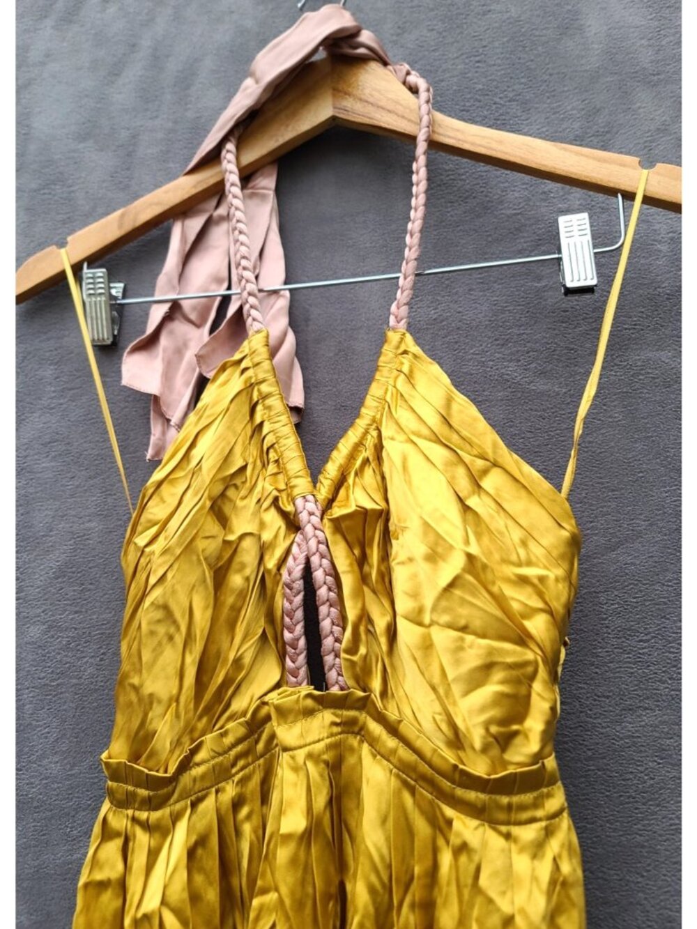 Anthropologie Silk Colorblocked Maxi Dress 2 Gold/Olive/Pink Halter Goddess NWT - Picture 5 of 10